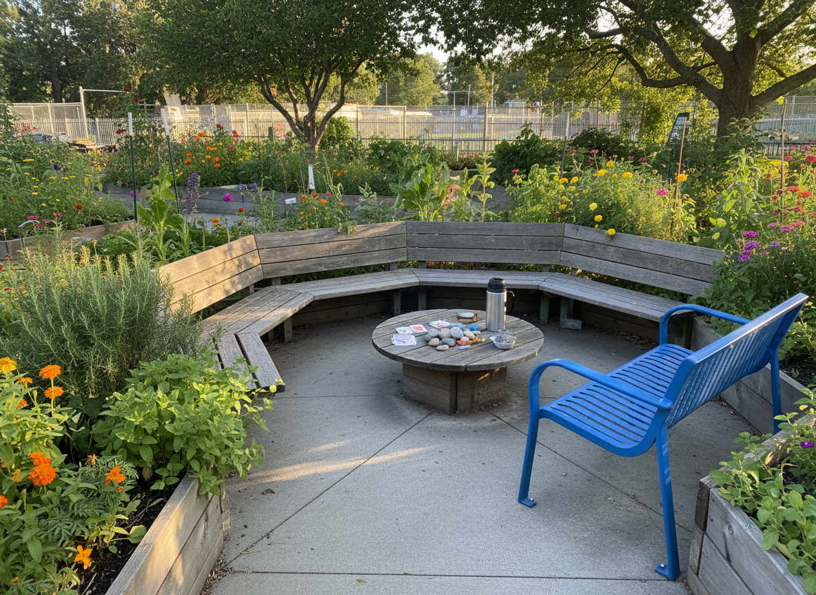 An outdoor community garden seating nook featuring a semi-circle of weathered wooden benches and a bright, accessible metal bench with armrests, all facing a low central table holding a deck of cards, colorful stones, and a shared thermos. Raised planter beds overflowing with herbs, flowers, and leafy greens surround the space, interspersed with a clear paved path. Soft golden hour sunlight filters through tree branches, casting dappled patterns on the benches and ground. Captured in photographic realism from an eye-level perspective using the rule of thirds, the composition balances cozy seating and lush greenery, creating an atmosphere that feels safe, open, and ideal for casual, peer-led meetups and conversations.