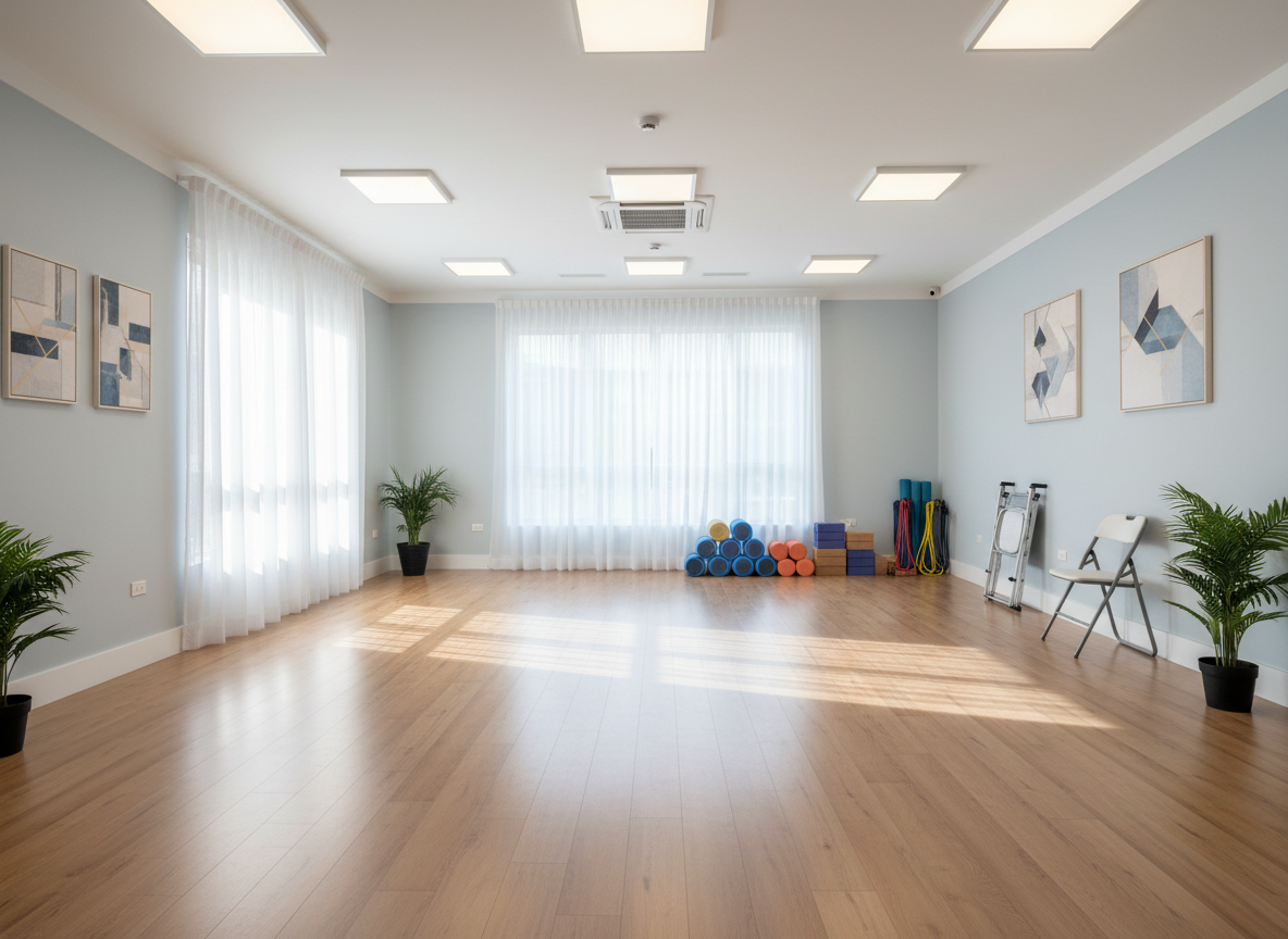 A bright, modern community room with an open floor cleared for movement-based activities. Against one wall, neatly stacked foam rollers, yoga blocks, and resistance bands in varied colors and sizes rest beside an accessible folding chair and a folded lightweight wheelchair ramp, suggesting inclusive recreation. Large windows admit diffused daylight, softened by sheer curtains, while ceiling lights add an even, welcoming brightness. Photographic realism, captured from a wide-angle lens that shows the full space and its smooth, unobstructed floor. The mood is energetic yet low-pressure, hinting at gentle group movement, stretching, or dance, with a clean, uncluttered composition that emphasizes possibility, comfort, and shared activity in a safe setting.