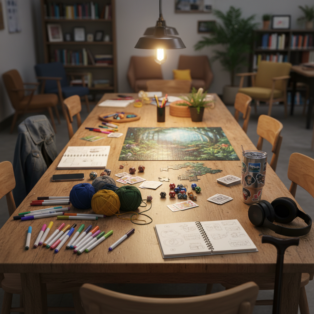 A long, slightly worn wooden community table scattered with creative materials: bright markers, soft yarn, dice and playing cards, sketchbooks, and a half-completed jigsaw puzzle. Several distinct sets of personal items—folded jackets over chair backs, a walking cane leaning on one chair, a pair of noise-canceling headphones, a reusable coffee tumbler with stickers—hint at varied ages and abilities of unseen participants. Overhead pendant lights cast a warm, even glow, creating subtle reflections on the table’s surface. Shot from a slightly elevated angle in photographic realism, with sharp focus on the items and a softly blurred background of an inviting multipurpose room, the mood feels relaxed, playful, and ready for a peer-led community meetup.