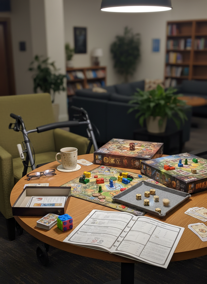 A cozy evening board-game corner in a community center lounge, focused on a round table mid-game. Several game boards overlap slightly, with colorful tokens, dice in mid-roll blur, and open rulebooks. A mobility aid folded neatly beside a cushioned armchair, reading glasses on a coaster, and a small sensory fidget toy near the table’s edge suggest diverse, unseen participants. Warm lamplight creates a soft pool of light over the table, leaving the background couches and bookshelves in gentle shadow. Photographic realism from a close, slightly off-center angle with shallow depth of field, capturing the tactile textures of cardboard, wood, and fabric. The mood is intimate, relaxed, and fun, embodying safe, low-stakes connection through shared play.